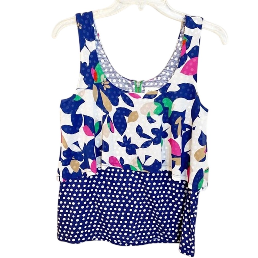 Meadow Rue Anthropologie Floral Polka Dot Tiered Sleeveless Tank Top XS Navy